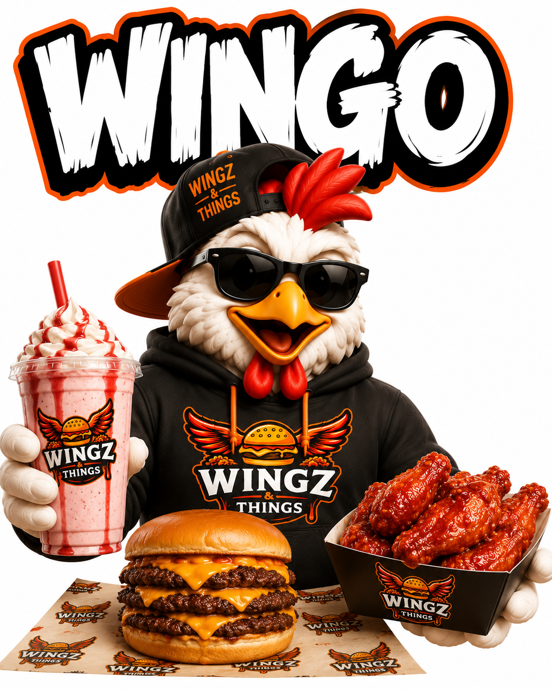 Wingo, the Wingz & Things brand ambassador, holding a shake, smash burger and wings