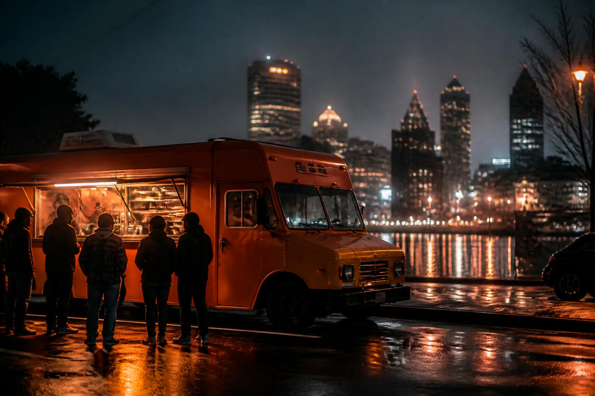 The Wingz & Things orange food truck serving at dusk with the Milwaukee skyline behind it